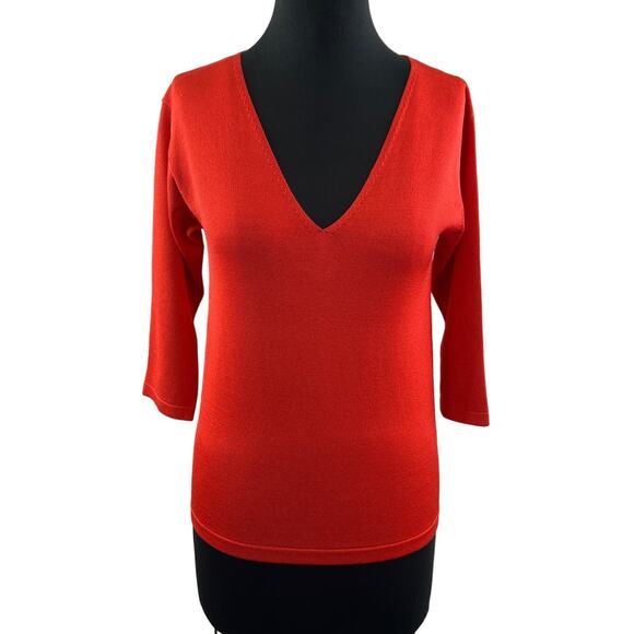 LINDA ALLARD ELLEN TRACY Red Orange Silk Blend 3/4 Sleeve V-Neck Knit Top Size M - Picture 1 of 9